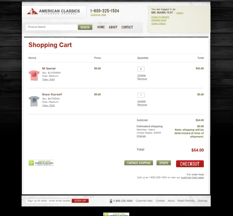 A screenshot of the American Classics' checkout page.