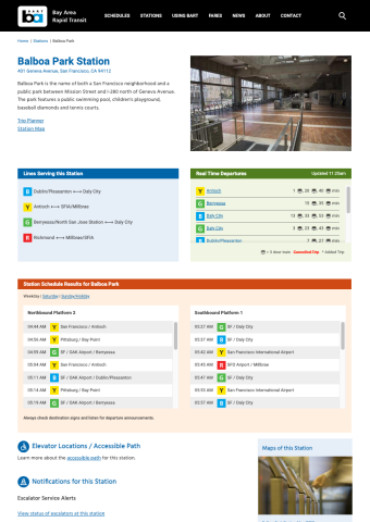 A screenshot of one of the BART station pages, demonstrating live updates of station and train statuses.