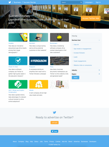 Screenshot of the Twitter Small Business Center Success Stories page.