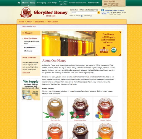 A screenshot of the GloryBee Honey homepage, combining X-Cart and Drupal.