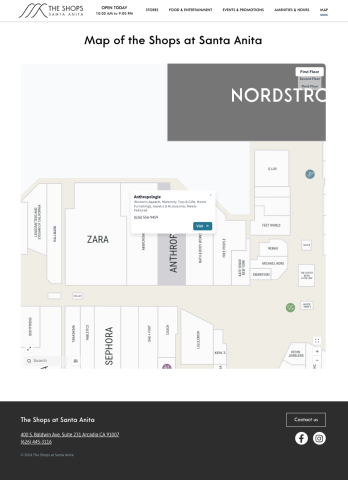 A screenshot of the map for the Shops at Santa Anita, with Anthropologie selected to display information.