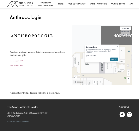 A screenshot of Anthropologie's store page for the Shops at Santa Anita, demonstrating the map on the side.