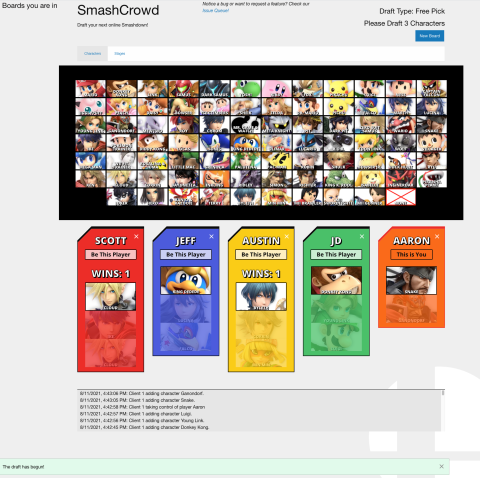 A screenshot of the Smashcrowd "character roster" screen.