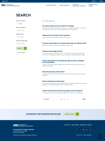 The OHE search page, at desktop size.